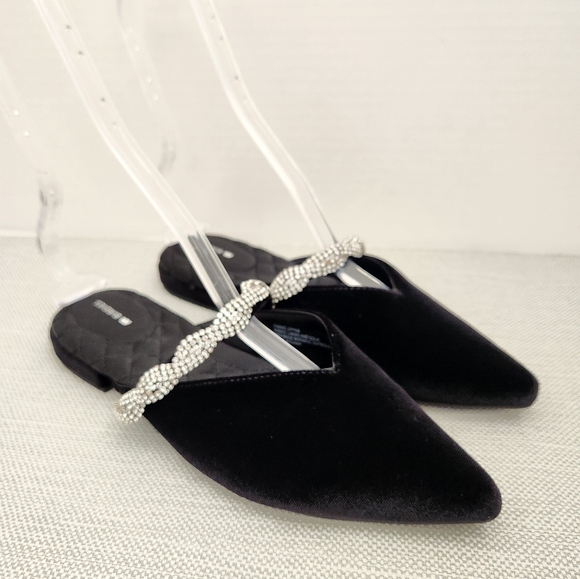 Birdies Shoes - Birdies The Swan Size 8 Black Velvet Faux Crystal Mules Flat Shoes